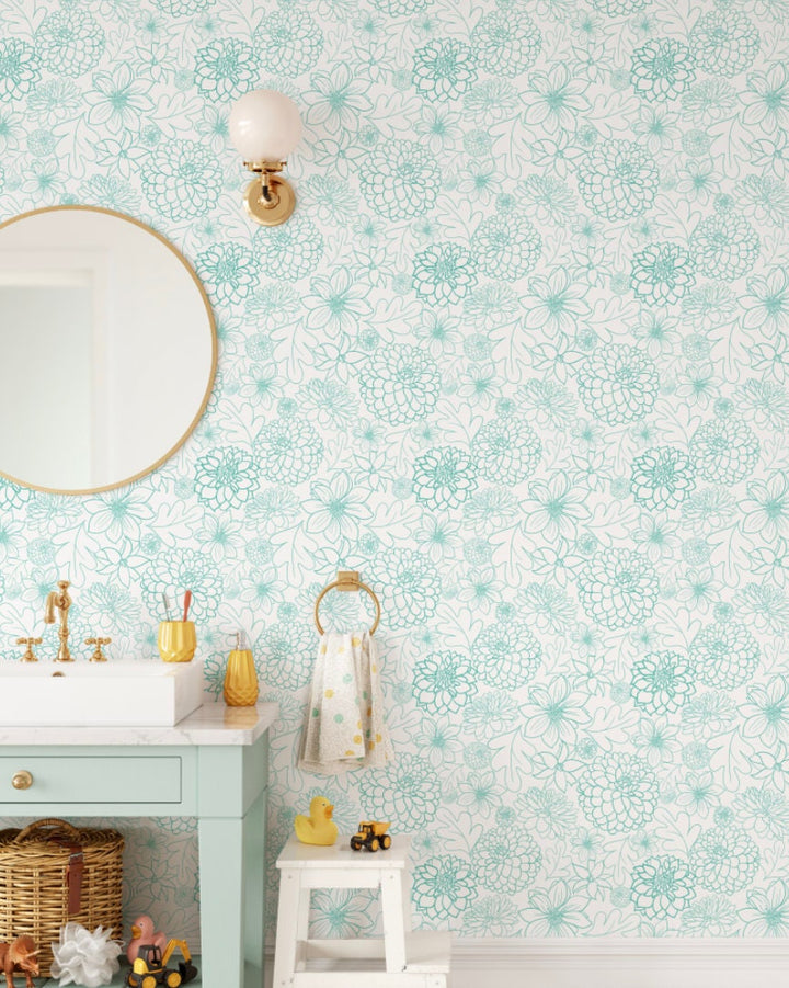 Peel and Stick Wallpaper Floral/ Teal Dahlia Wallpaper/ Removable Wallpaper/ Unpasted Wallpaper/ Pre-Pasted Wallpaper WW2161