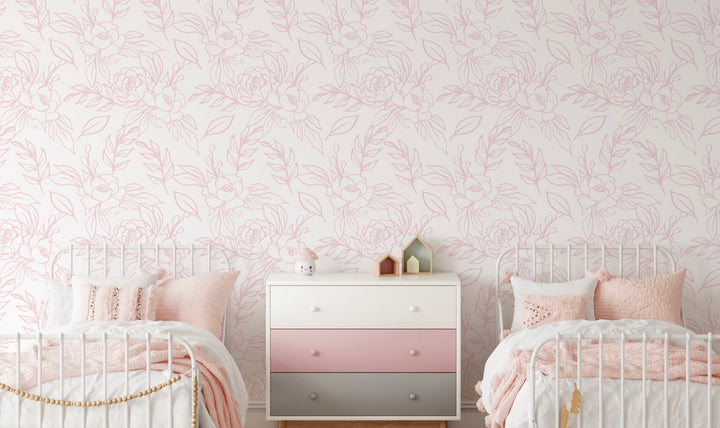 Peel and Stick Wallpaper Pink Floral/ Pink Hand Drawn Peony Wallpaper/ Removable Wallpaper/ Unpasted Wallpaper/ Pre-Pasted Wallpaper WW2222