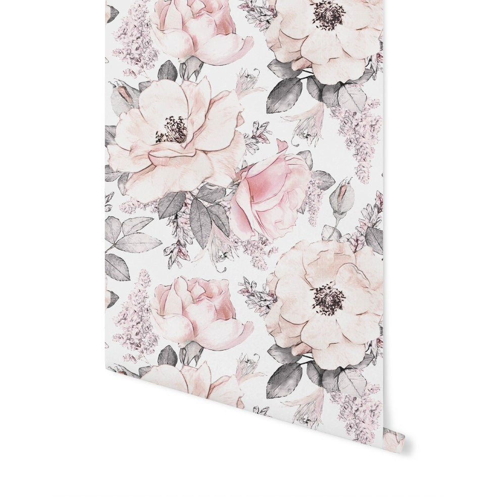 Peel and Stick Wallpaper Floral/ Vintage Pink Roses Removable Wallpaper/ Unpasted Wallpaper/ Pre-Pasted Wallpaper WW1933B