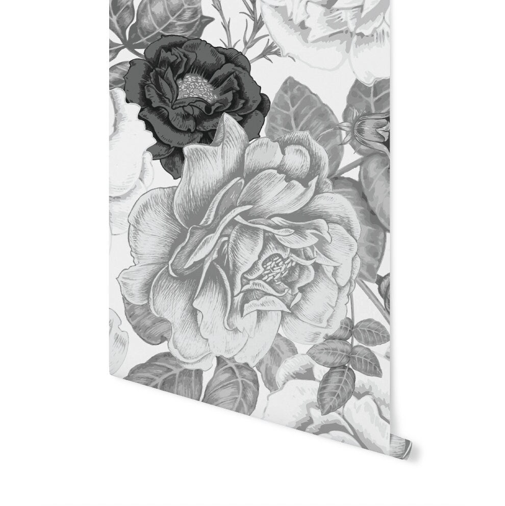 Peel and Stick Wallpaper Floral/ Vintage Black and White Roses Wallpaper/ Removable Wallpaper/ Unpasted Wallpaper/ Wallpaper WW1908