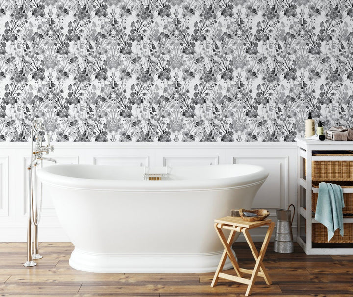 Peel and Stick Wallpaper Floral/ Black and Gray Watercolor Floral Wallpaper/ Removable Wallpaper/ Unpasted Wallpaper/ Wallpaper WW2111