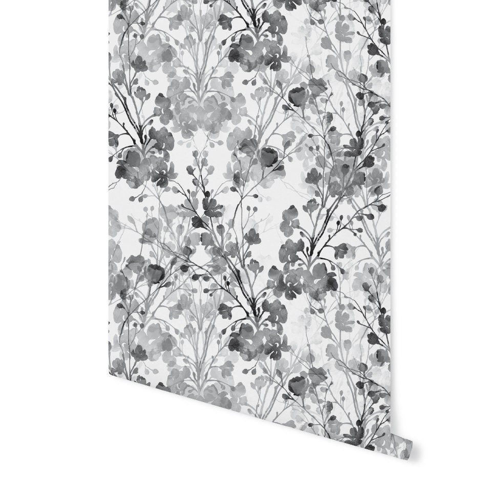 Peel and Stick Wallpaper Floral/ Black and Gray Watercolor Floral Wallpaper/ Removable Wallpaper/ Unpasted Wallpaper/ Wallpaper WW2111