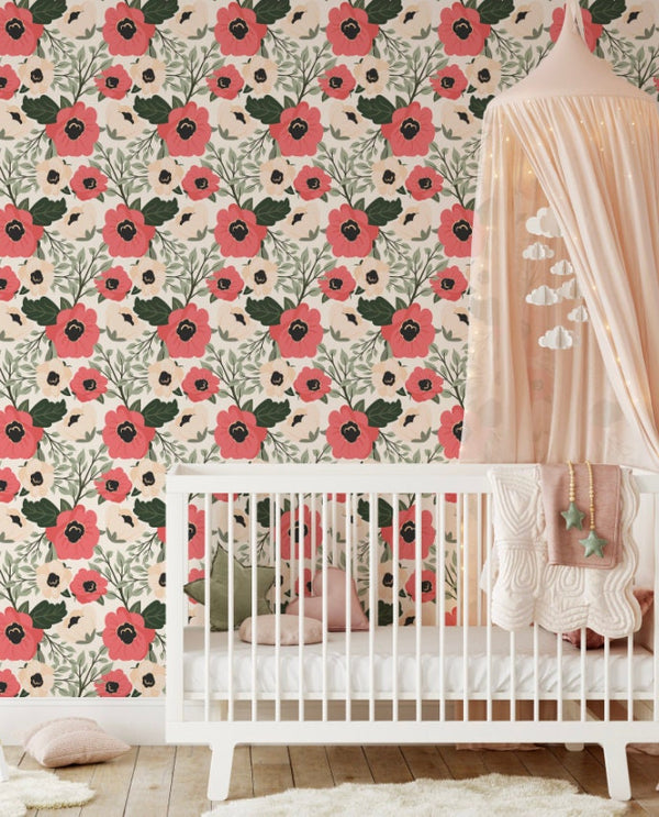 Peel and Stick Wallpaper Floral/ Coral and Cream Floral Wallpaper/ Removable Wallpaper/ Unpasted Wallpaper/ Pre-Pasted Wallpaper WW1713