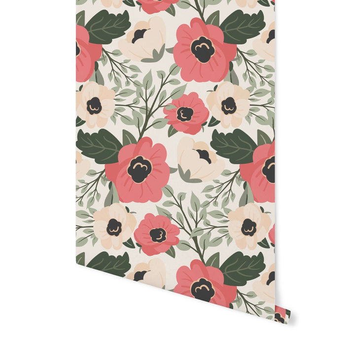 Peel and Stick Wallpaper Floral/ Coral and Cream Floral Wallpaper/ Removable Wallpaper/ Unpasted Wallpaper/ Pre-Pasted Wallpaper WW1713