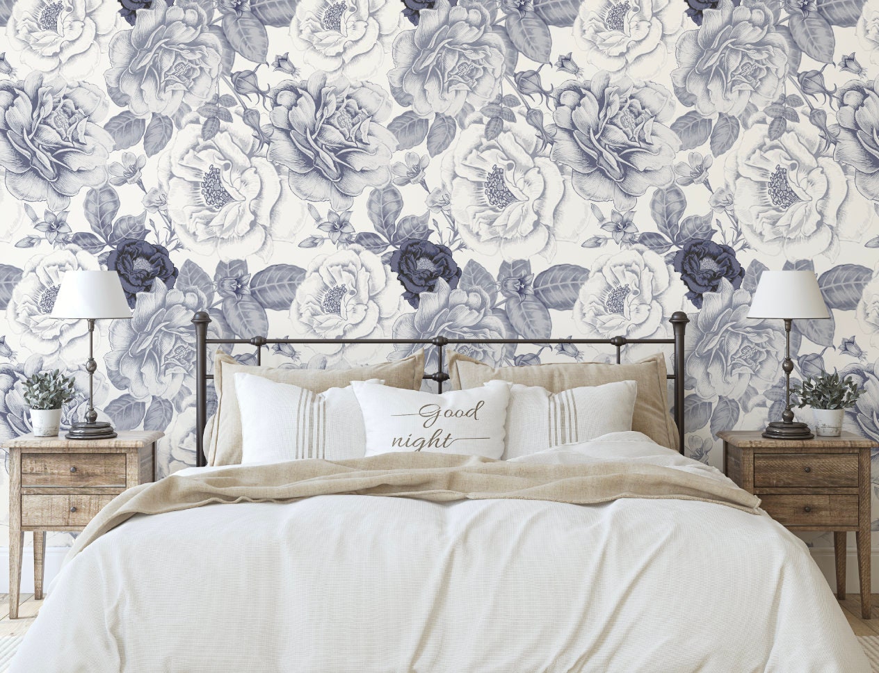 Creamy Vintage Navy Roses Wallpaper/ Removable Wallpaper/ Unpasted/ Pre-Pasted WW2334