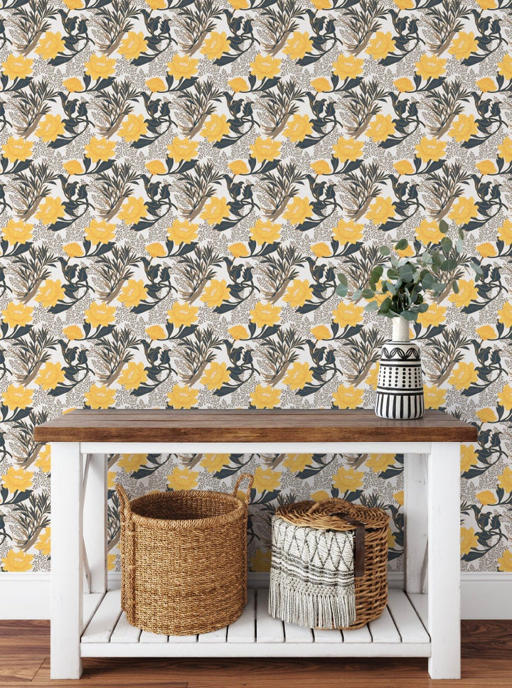 Peel and Stick Wallpaper Boho/ Yellow and Brown Boho Floral Wallpaper/ Removable Wallpaper/ Unpasted Wallpaper/ Pre-Pasted Wallpaper WW2241