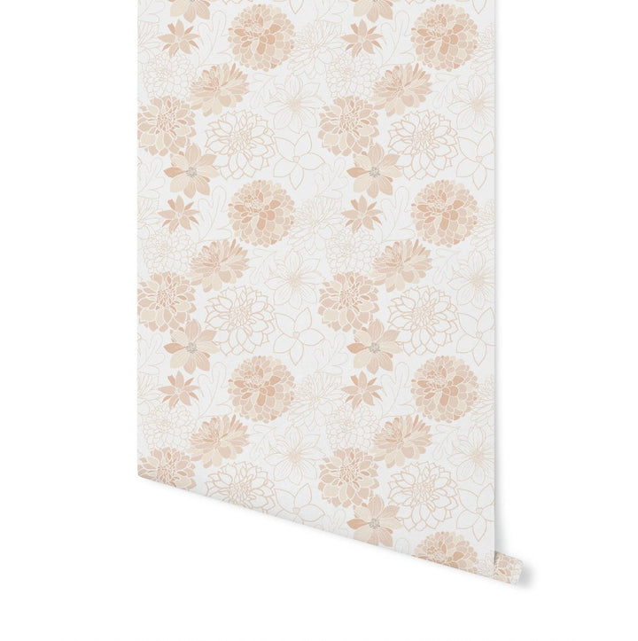 Peel and Stick Wallpaper Boho/ Boho Peach Dahlias Wallpaper/ Removable Wallpaper/ Unpasted Wallpaper/ Pre-Pasted Wallpaper WW1731