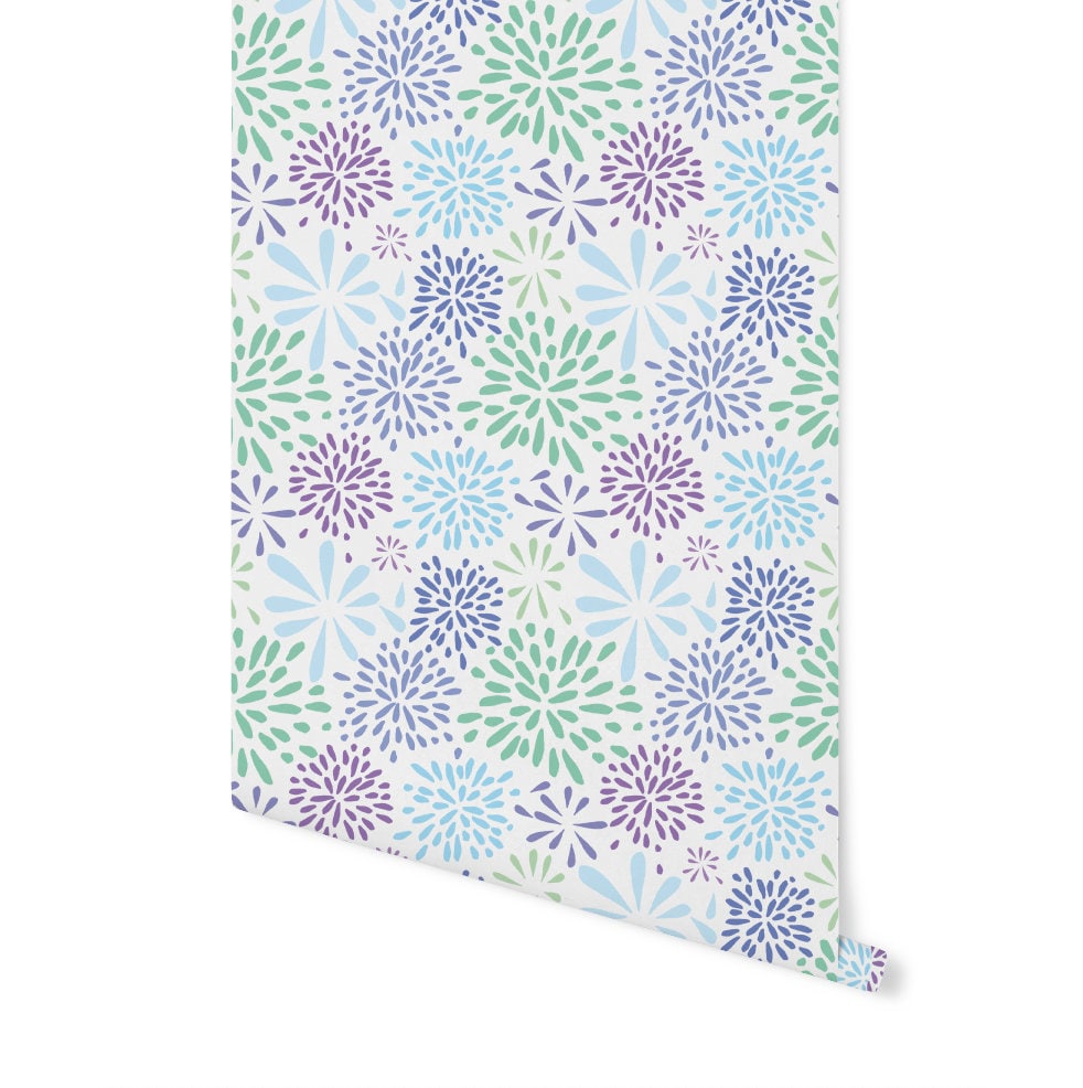 Peel and Stick Wallpaper Floral/ Flower-works Blue Wallpaper/ Removable Wallpaper/ Unpasted Wallpaper/ Pre-Pasted Wallpaper WW1705