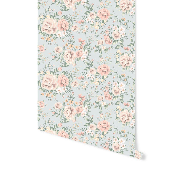 Vintage Blushing Sage Roses Wallpaper/ Removable Wallpaper/ Peel and Stick Wallpaper/ Unpasted Wallpaper/ Pre-Pasted Wallpaper WW2227