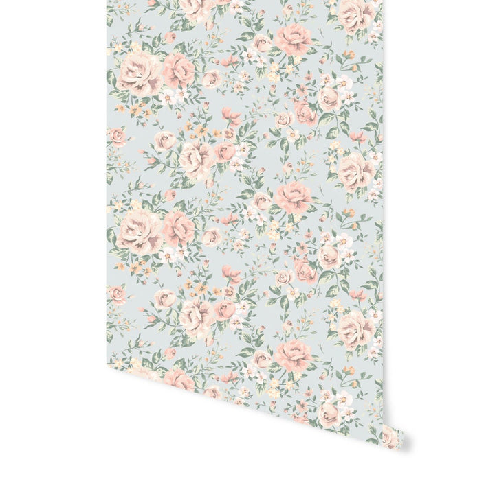 Vintage Blushing Sage Roses Wallpaper/ Removable Wallpaper/ Peel and Stick Wallpaper/ Unpasted Wallpaper/ Pre-Pasted Wallpaper WW2227