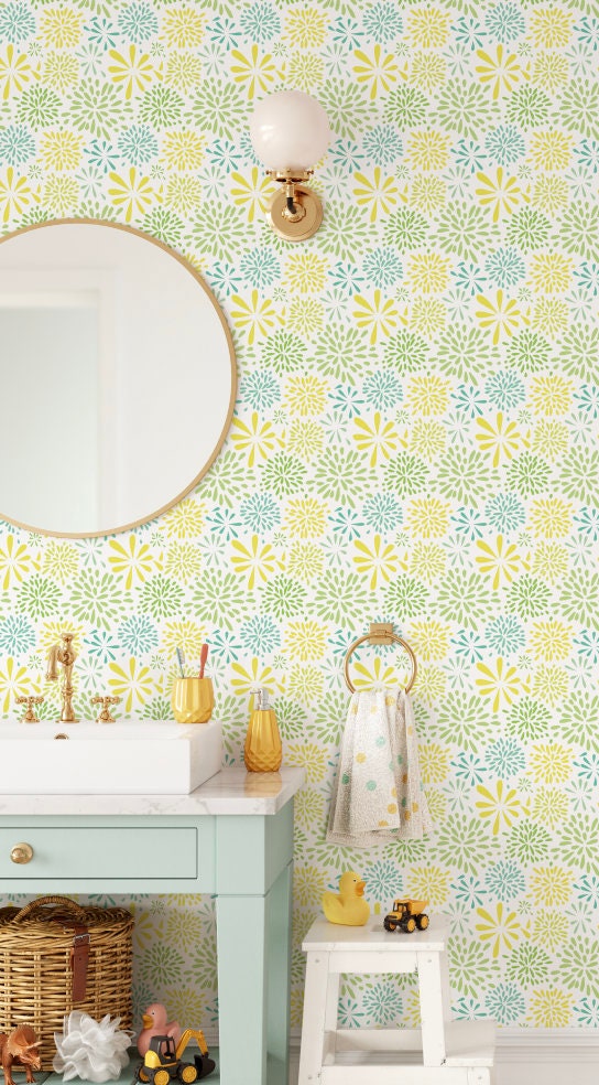 Wallpaper Yellow Star Sun Bursts/ Flower-works Green & Yellow Wallpaper/ Removable Wallpaper/ Unpasted Wallpaper/Pre-Pasted Wallpaper WW1720