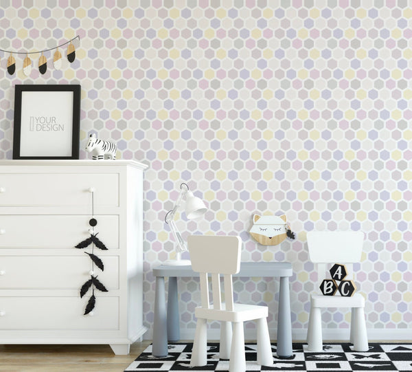 Taupe, Purple & Yellow Hexagons Wallpaper/ Nursery, Modern, Children's, Kids Removable and traditional wallpaper WW1965