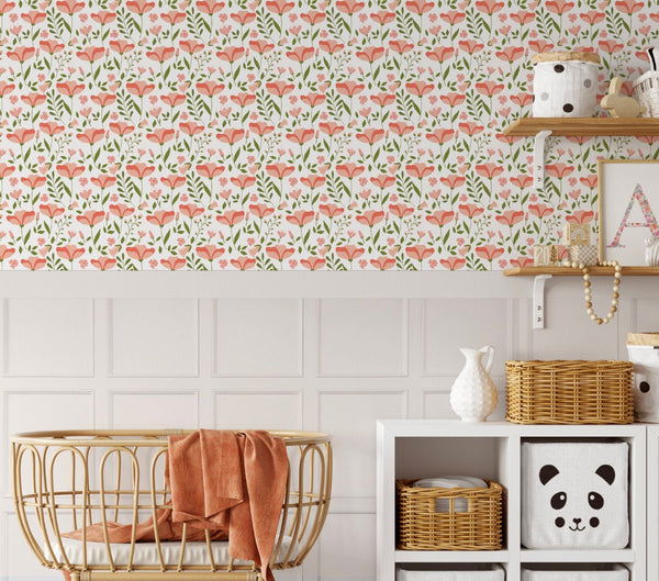 Peel and Stick Wallpaper Boho/ Peach Wildflower Wallpaper/ Removable Wallpaper/ Unpasted Wallpaper/ Pre-Pasted Wallpaper WW1817