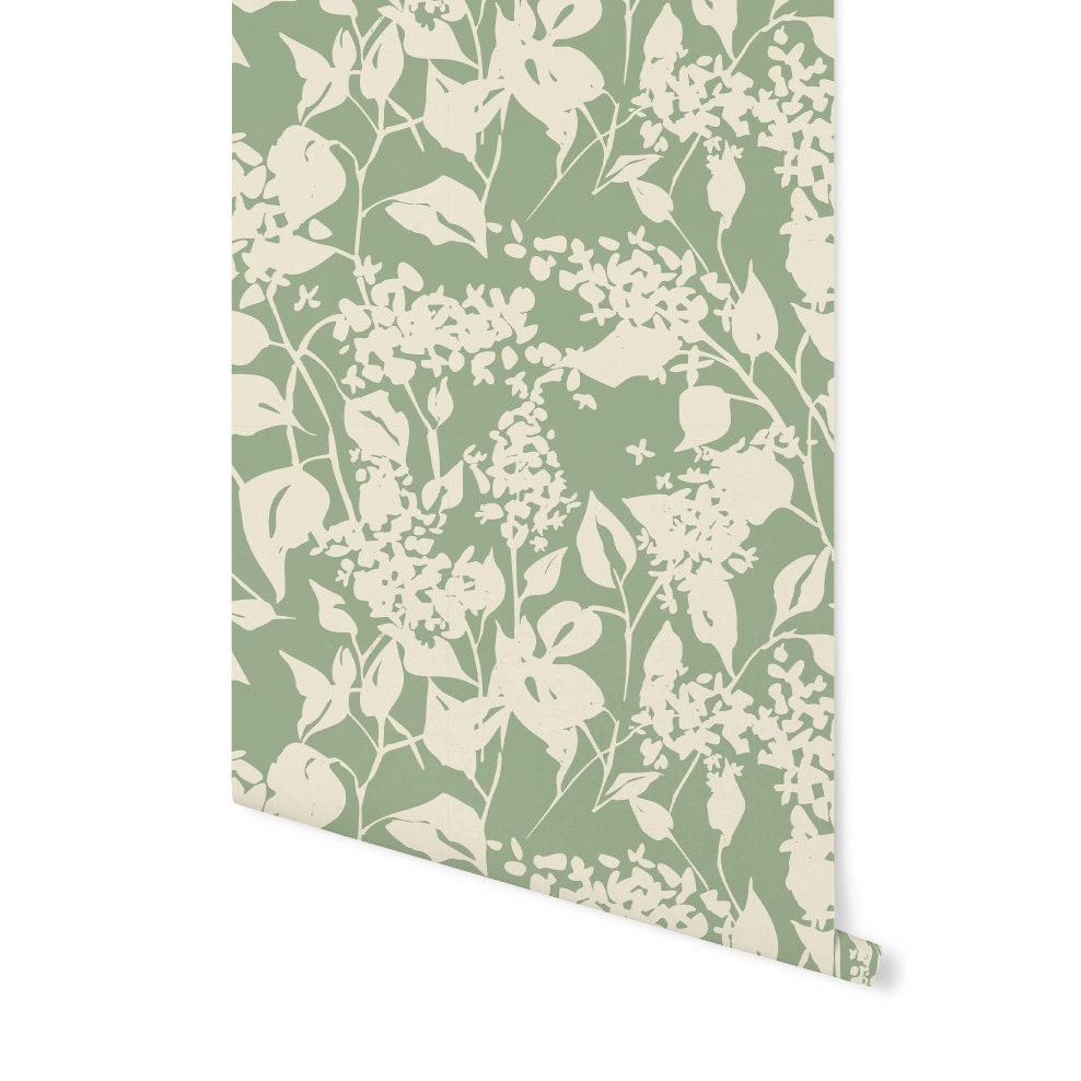 Green Abstract Floral Wallpaper // Removable Wallpaper // Peel and Stick Wallpaper // Unpasted Wallpaper // Pre-Pasted Wallpaper WW2134