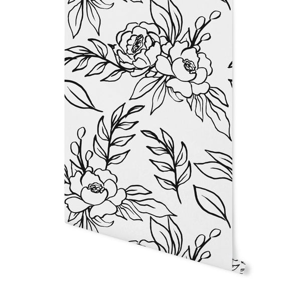 Peel and Stick Wallpaper Floral/ Hand Drawn Black Peony Wallpaper/ Removable Wallpaper/ Unpasted Wallpaper/ Pre-Pasted Wallpaper WW2025