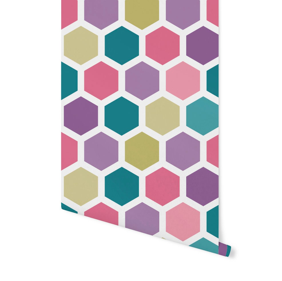 Wallpaper Hexagon Peel and Stick / Pink Dancing Hexagon Wallpaper/ Removable Wallpaper/ Unpasted Wallpaper WW2256