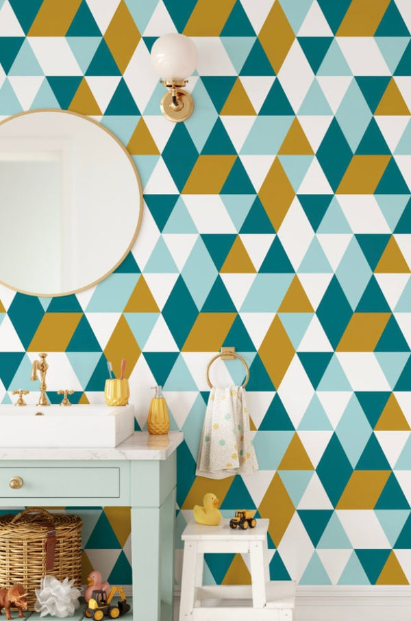 Peel and Stick Wallpaper Mustard Yellow/ Modern Geometric Triangles Teal & Mustard Wallpaper/ Unpasted Wallpaper/ Wallpaper WW2112