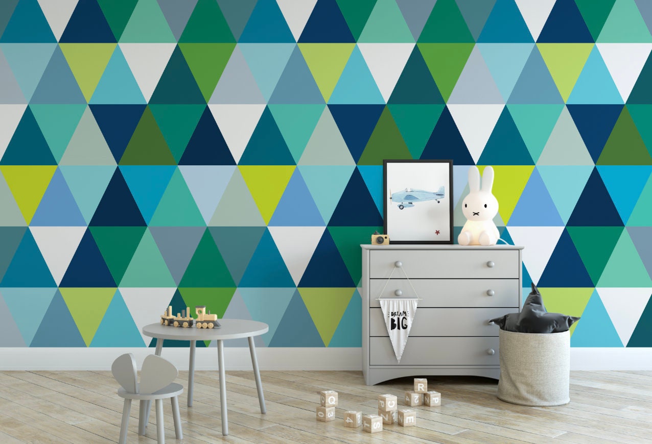 Large Scale Blue and Green Modern Triangles Wallpaper/ Removable Wallpaper/ Peel and Stick/ Unpasted/ Pre-Pasted Wallpaper WW1748