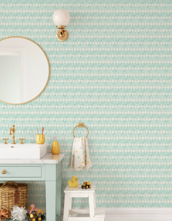 Teal Watercolor Ikat Peel and Stick Wallpaper/ Removable Wallpaper/ Unpasted Wallpaper/ Pre-Pasted Wallpaper WW1915