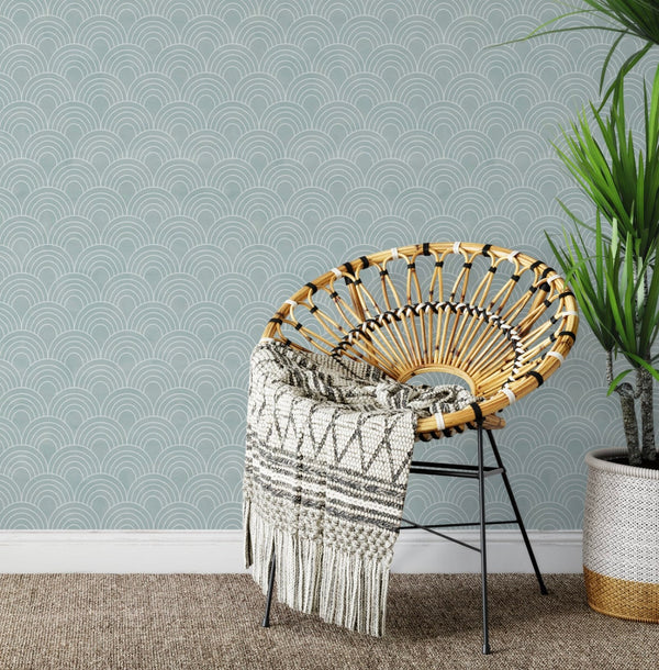 Peel and Stick Wallpaper Teal Scallops / Dusty Teal Watercolor Arches Wallpaper/ Removable Wallpaper/ Unpasted Wallpaper/ Wallpaper WW2246