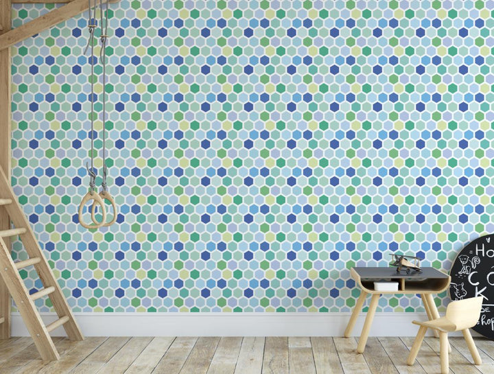 Blue & Green Hexagon Wallpaper/ Removable Wallpaper/ Unpasted Wallpaper/ Pre-Pasted Wallpaper WW1967