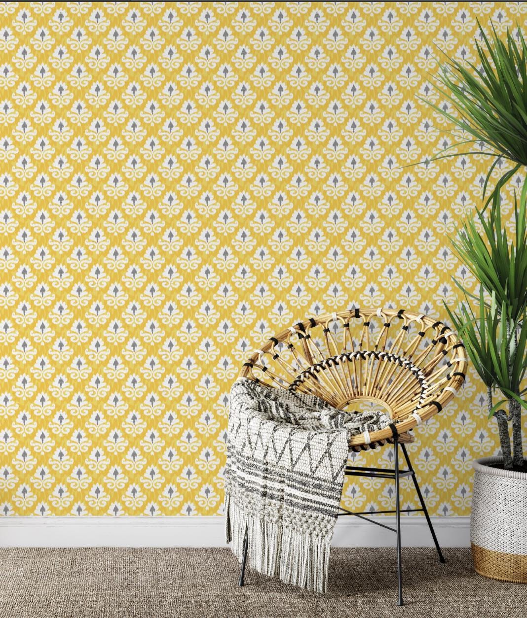 Peel and Stick Wallpaper Yellow and Gray Ikat/ Removable Wallpaper/ Unpasted Wallpaper/ Pre-Pasted Wallpaper WW20116