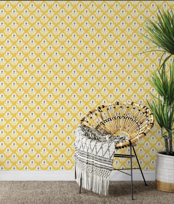 Peel and Stick Wallpaper Yellow and Gray Ikat/ Removable Wallpaper/ Unpasted Wallpaper/ Pre-Pasted Wallpaper WW20116