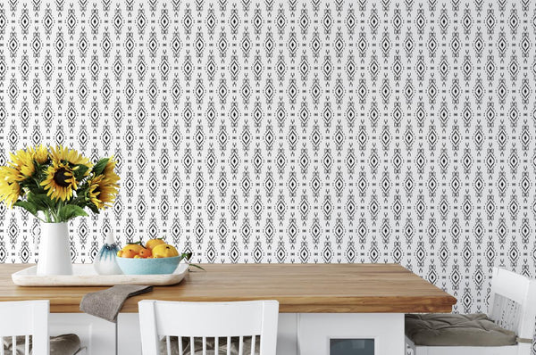 Peel and Stick Wallpaper Black and White Ikat/ Removable Wallpaper/ Unpasted Wallpaper/ Pre-Pasted Wallpaper WW2078