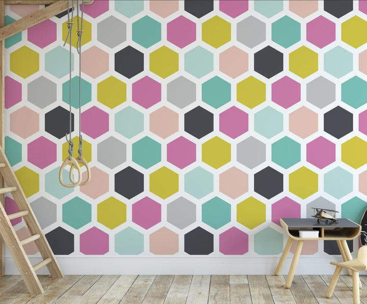 Peel and Stick Wallpaper Hexagon/ Pink, Teal and Gray Hexagon Wallpaper/ Removable Wallpaper/ Unpasted Wallpaper/ Wallpaper WW1827