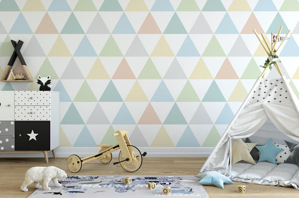 Teal, Green & Tangerine Simple Triangles Wallpaper/ Multi Colored Gender Neutral kids child boys girls modern geometric wallpaper WW1756