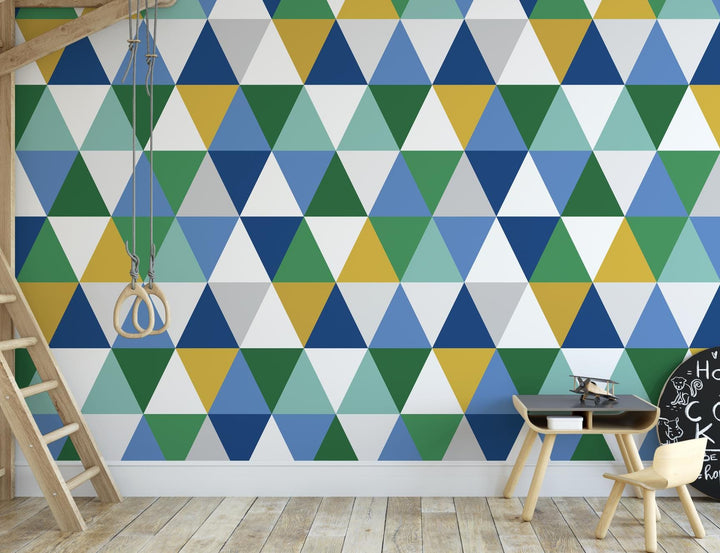 Peel and Stick Wallpaper Blue/ Mustard, Blue and Green Triangles Wallpaper/ Removable Wallpaper/ Unpasted Wallpaper/ Wallpaper WW2278