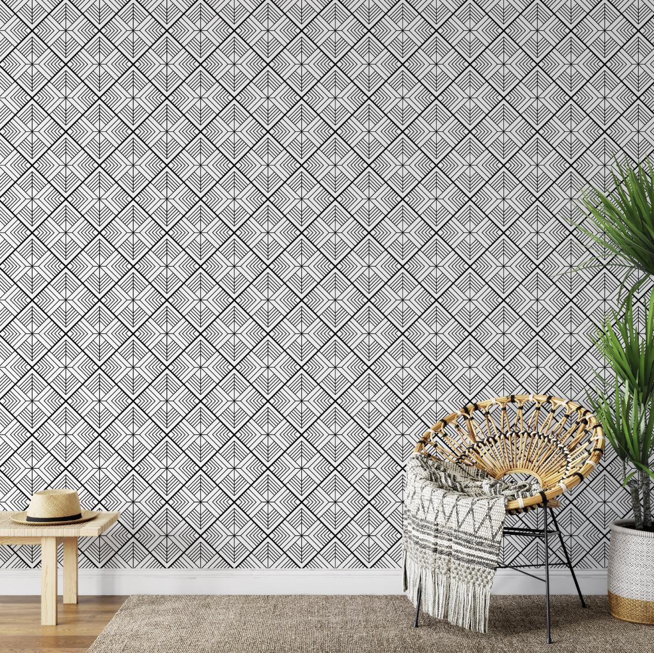 Peel and Stick Wallpaper Black/ Deco Diamonds Wallpaper/ Removable Wallpaper/ Unpasted Wallpaper/ Pre-Pasted Wallpaper WW2058