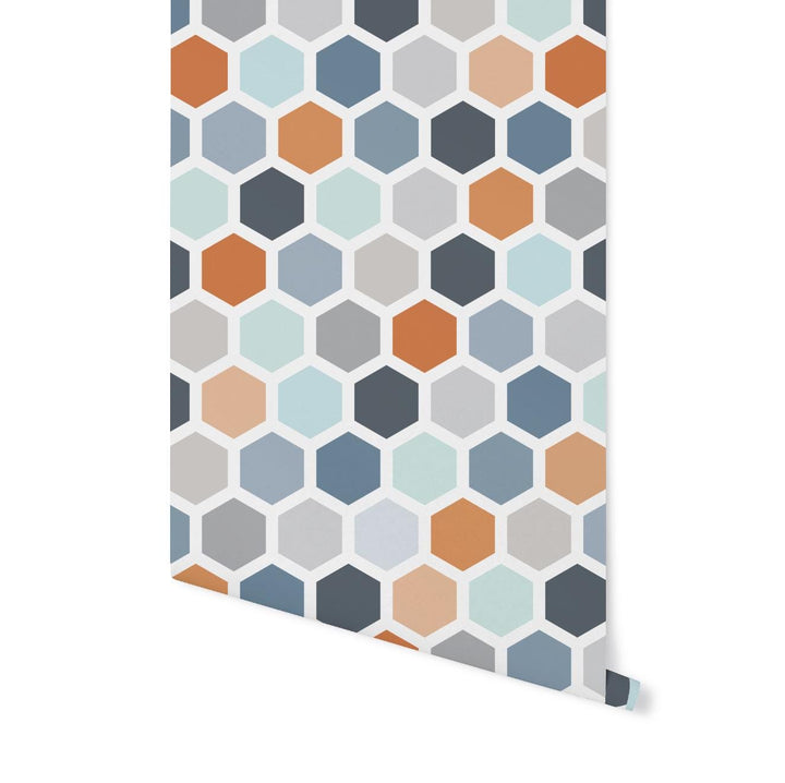 Peel and Stick Wallpaper Blue & Orange Hexagon Wall Mural/ Removable Wallpaper/ Unpasted Wallpaper/ Pre-Pasted Wallpaper WW2131