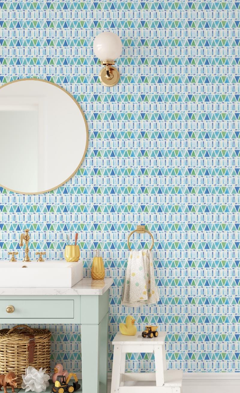 Blue and Green Geometric Watercolor Wallpaper/ kids Childrens beach water pastel blue modern removable wallpaper WW1758