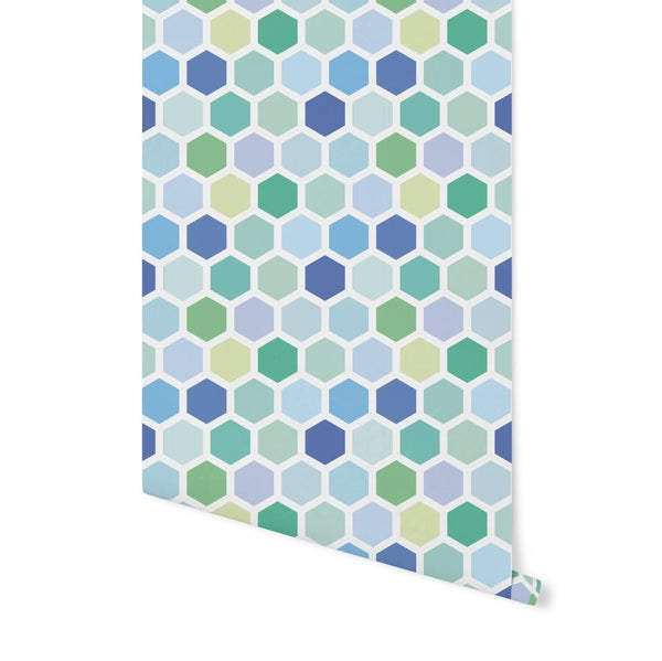 Blue & Green Hexagon Wallpaper/ Removable Wallpaper/ Unpasted Wallpaper/ Pre-Pasted Wallpaper WW1967