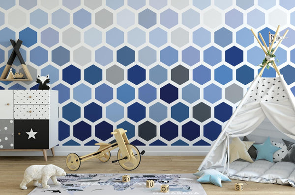 Ombre Blue Hexagon Wallpaper Mural/ Removable Wallpaper/ Unpasted Wallpaper/ Pre-Pasted Wallpaper WW2087