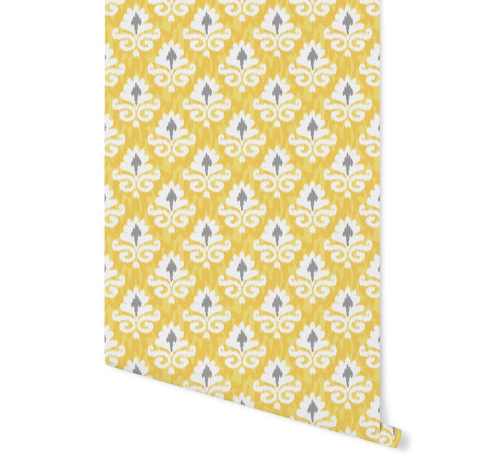 Peel and Stick Wallpaper Yellow and Gray Ikat/ Removable Wallpaper/ Unpasted Wallpaper/ Pre-Pasted Wallpaper WW20116