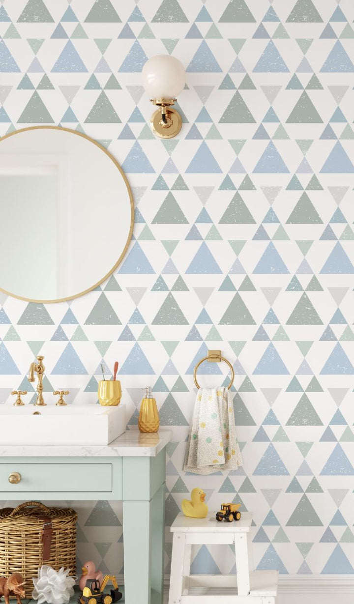 Blue and Teal Playful Triangles Wallpaper/ Kids Boys Baby Mountain Nature Nursery Removable/ Unpasted/ Pre-Pasted Wallpaper WW1971