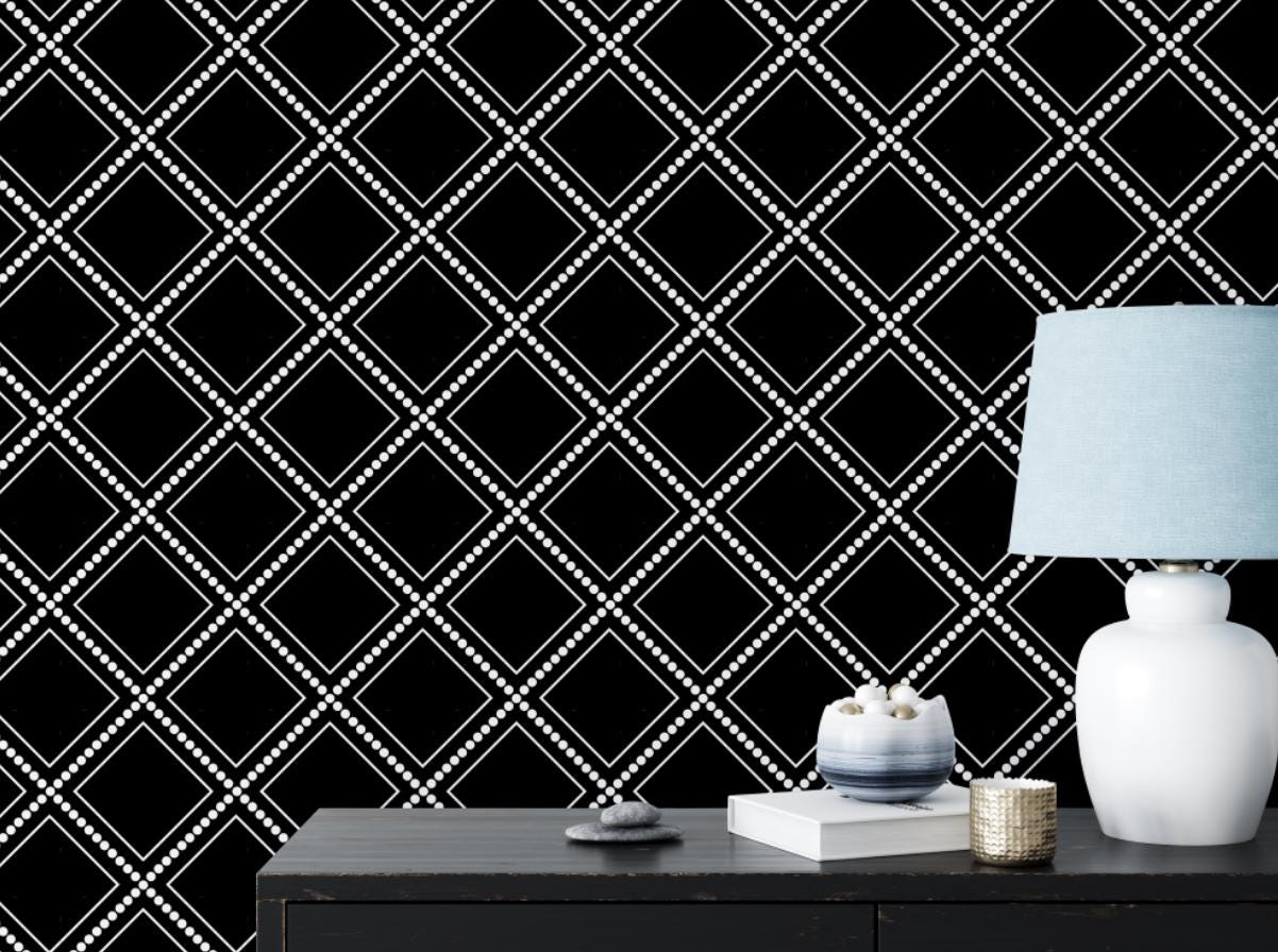 Peel and Stick Wallpaper Black/ Modern Geometric White on Black Wallpaper/ Removable Wallpaper/ Unpasted/ Pre-Pasted Wallpaper WW1940