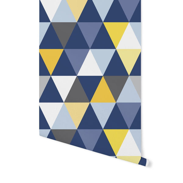 Peel and Stick Wallpaper Blue & Yellow Modern Triangles Wallpaper/ Removable Wallpaper/ Unpasted Wallpaper/ Pre-Pasted Wallpaper WW2094