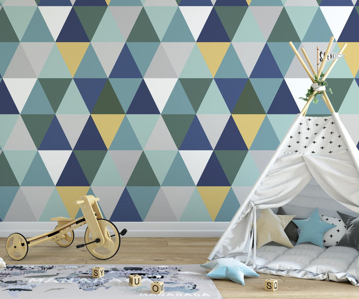 Peel and Stick Wallpaper Blue Triangle /Mustard, Blue & Teal Triangles Wallpaper/ Removable Wallpaper/ Unpasted Wallpaper/ Wallpaper WW2231