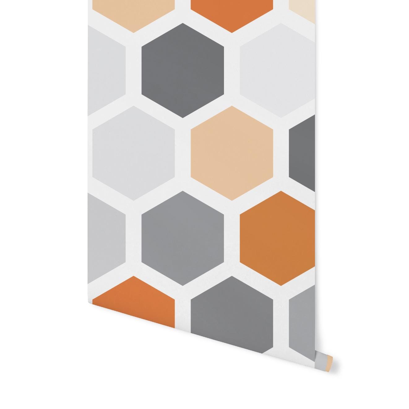 Peel and Stick Wallpaper Orange/ Gray and Tangerine Hexagon Wallpaper/ Removable Wallpaper/ Unpasted Wallpaper/ Pre-Pasted Wallpaper WW2067