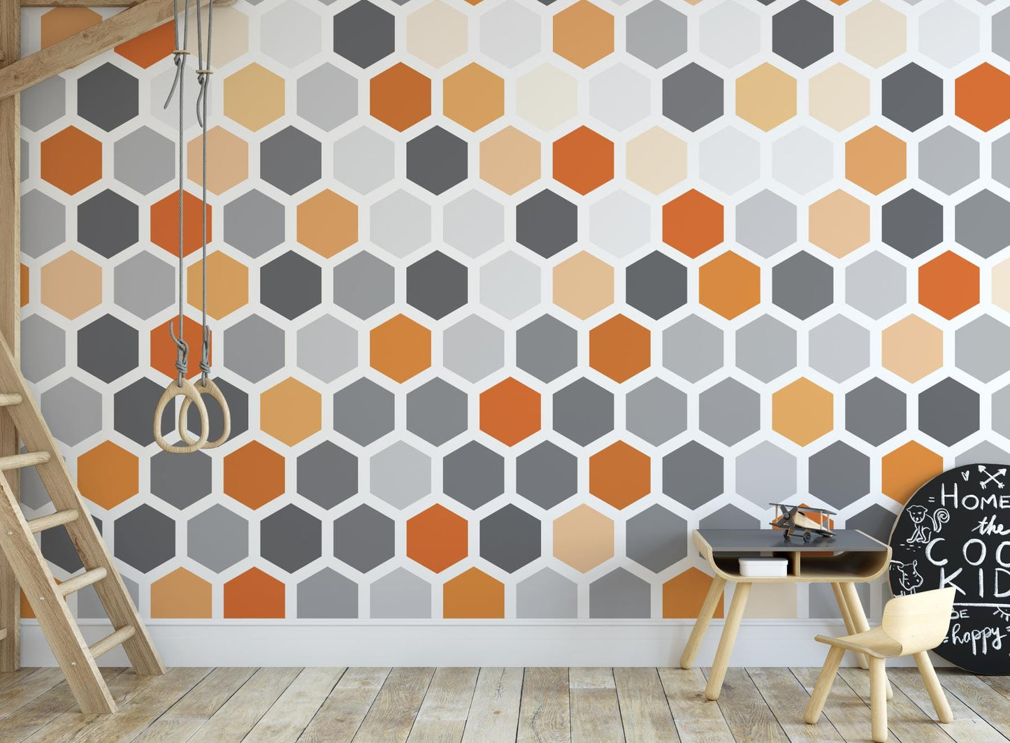 Peel and Stick Wallpaper Orange/ Gray and Tangerine Hexagon Wallpaper/ Removable Wallpaper/ Unpasted Wallpaper/ Pre-Pasted Wallpaper WW2067