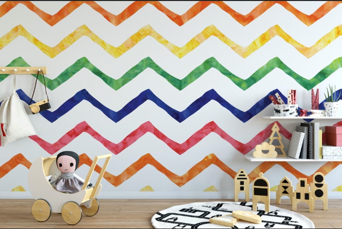 Peel and Stick Wallpaper Kids/ Watercolor Rainbow Chevron Wallpaper/ Removable Wallpaper/ Unpasted Wallpaper/ Pre-Pasted Wallpaper