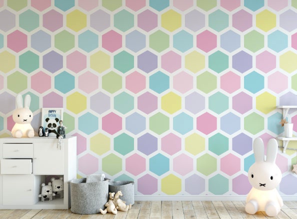 Peel and Stick Wallpaper Pink/ Candy Colored Hexagon Wallpaper/ Removable Wallpaper/ Unpasted Wallpaper/ Pre-Pasted Wallpaper