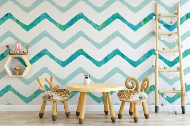 Peel and Stick Wallpaper Chevron/ Teal Chevron Wallpaper/ Removable Wallpaper/ Unpasted Wallpaper/ Pre-Pasted Wallpaper