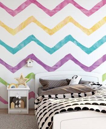 Peel and Stick Wallpaper Kids/ Watercolor Candy Colored Chevrons Wallpaper/ Removable Wallpaper/ Unpasted Wallpaper/ Pre-Pasted Wallpaper