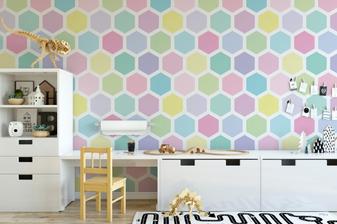 Peel and Stick Wallpaper Pink/ Candy Colored Hexagon Wallpaper/ Removable Wallpaper/ Unpasted Wallpaper/ Pre-Pasted Wallpaper