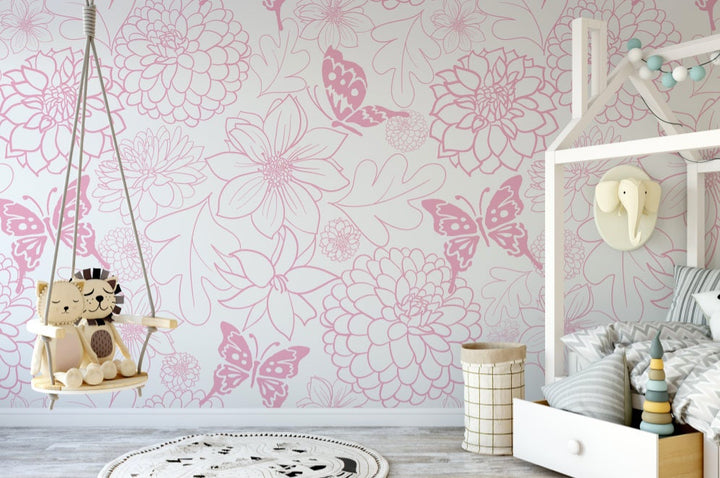 Peel and Stick Wallpaper Pink/ Pink Butterfly Dahlias Wallpaper/ Removable Wallpaper/ Unpasted Wallpaper/ Pre-Pasted Wallpaper
