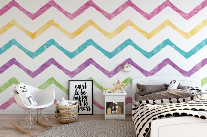 Peel and Stick Wallpaper Kids/ Watercolor Candy Colored Chevrons Wallpaper/ Removable Wallpaper/ Unpasted Wallpaper/ Pre-Pasted Wallpaper